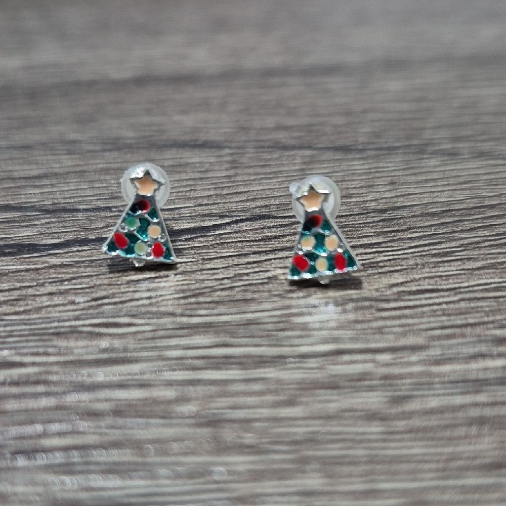 Festive Christmas Tree Stud Earrings Green Enamel Christmas Jewelry